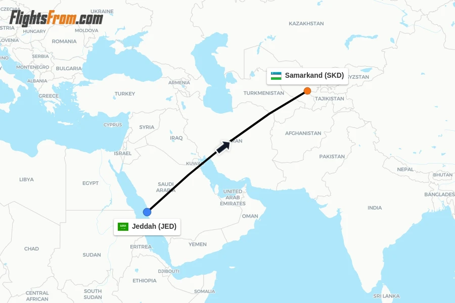 Flights from Jeddah to Samarkand route map