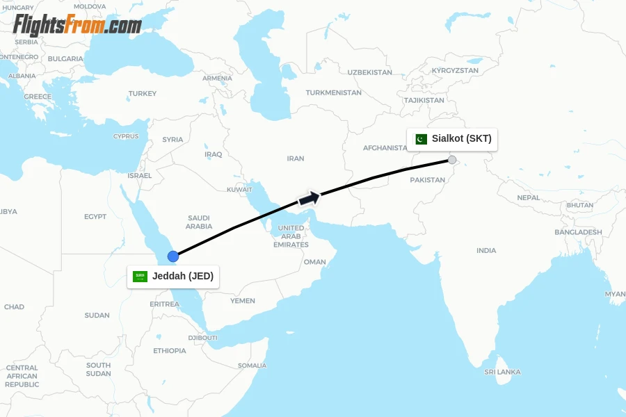 Flights from Jeddah to Sialkot route map