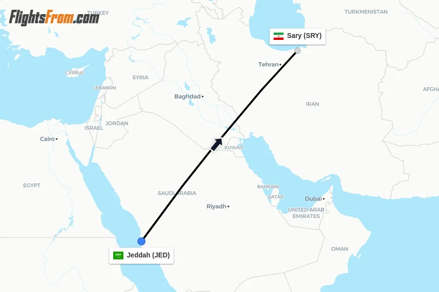 Flights from Jeddah to Sary route map