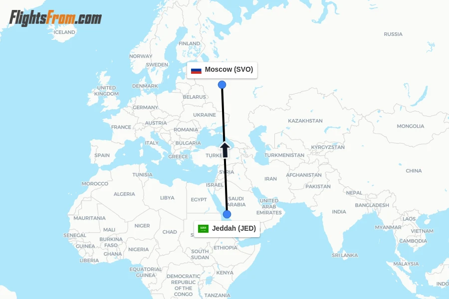 Flights from Jeddah to Moscow route map