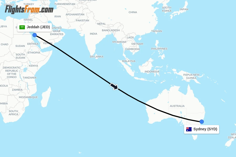 Flights from Jeddah to Sydney route map