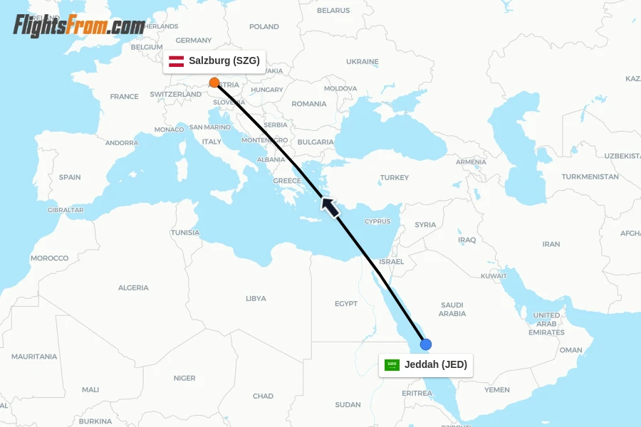 Flights from Jeddah to Salzburg route map