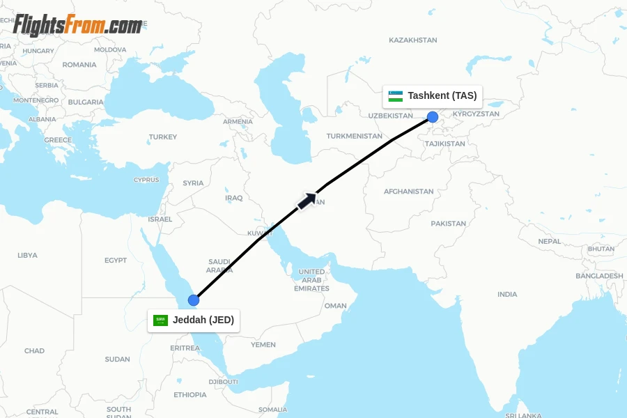 Flights from Jeddah to Tashkent route map