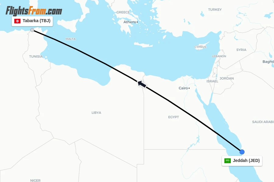 Flights from Jeddah to Tabarka route map