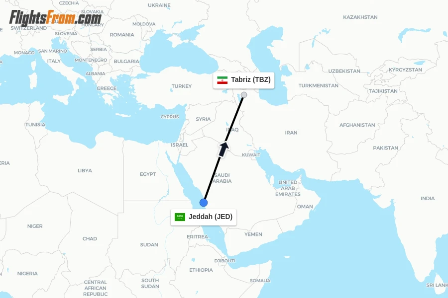 Flights from Jeddah to Tabriz route map