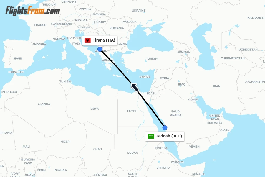 Flights from Jeddah to Tirana route map