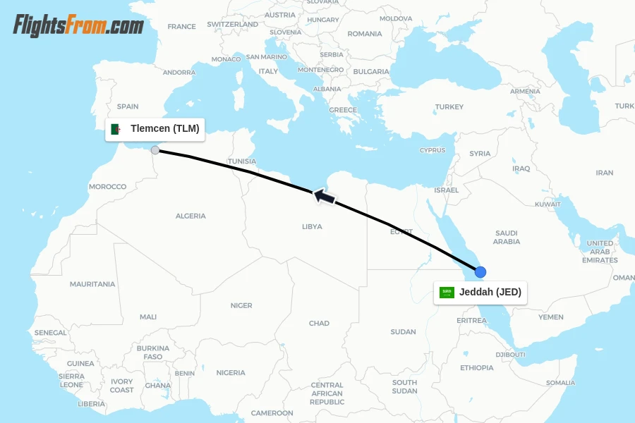 Flights from Jeddah to Tlemcen route map