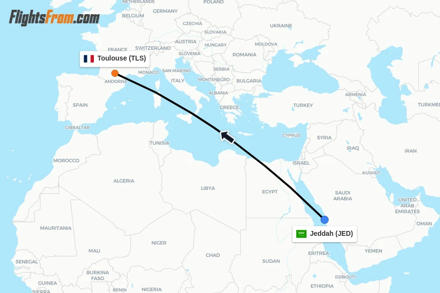 Flights from Jeddah to Toulouse route map