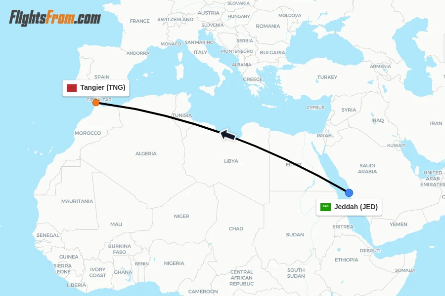 Flights from Jeddah to Tangier route map