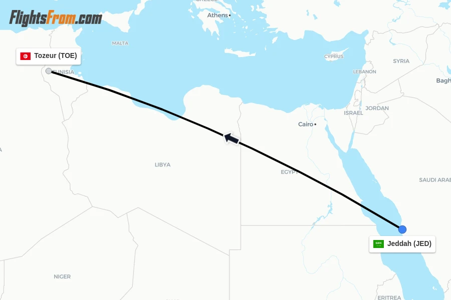 Flights from Jeddah to Tozeur route map