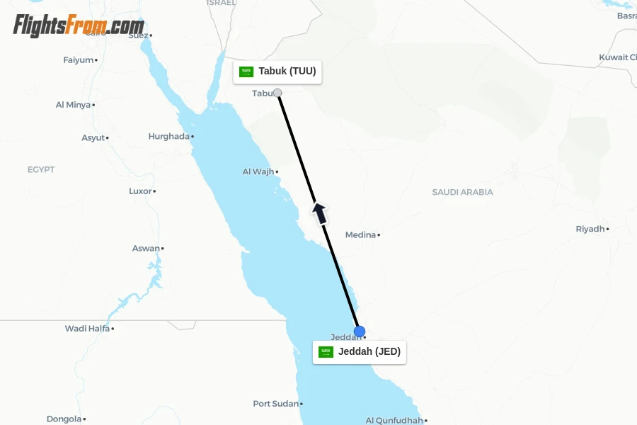 Flights from Jeddah to Tabuk route map