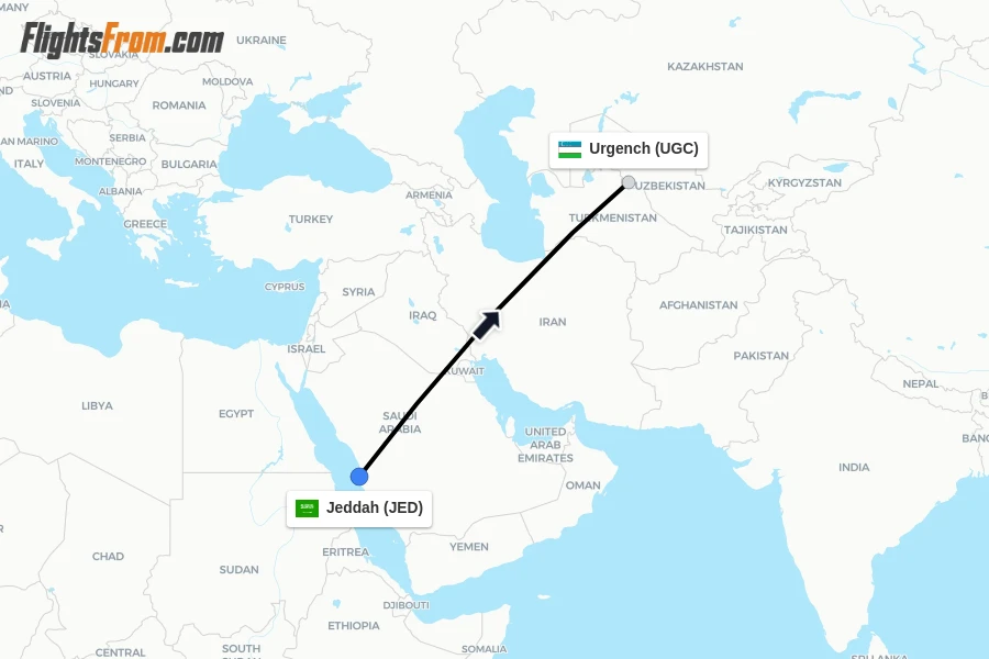 Flights from Jeddah to Urgench route map