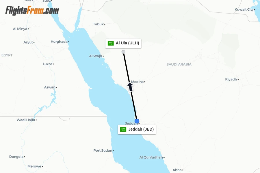 Flights from Jeddah to Al Ula route map