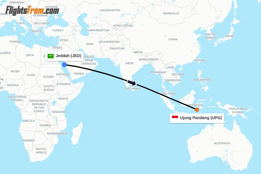 Flights from Jeddah to Ujung Pandang route map