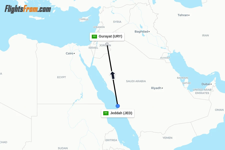 Flights from Jeddah to Gurayat route map