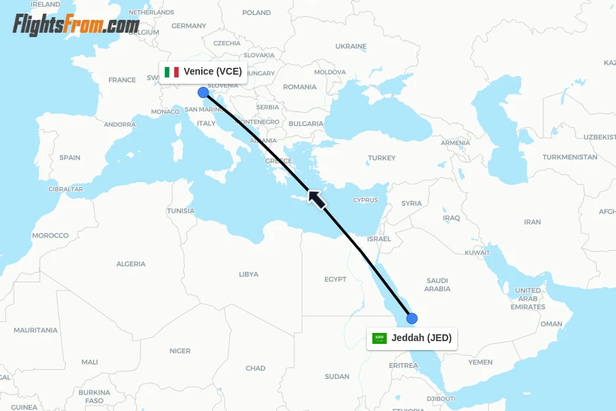 Flights from Jeddah to Venice route map