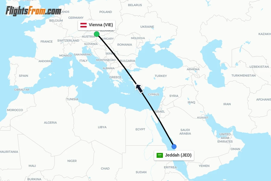 Flights from Jeddah to Vienna route map