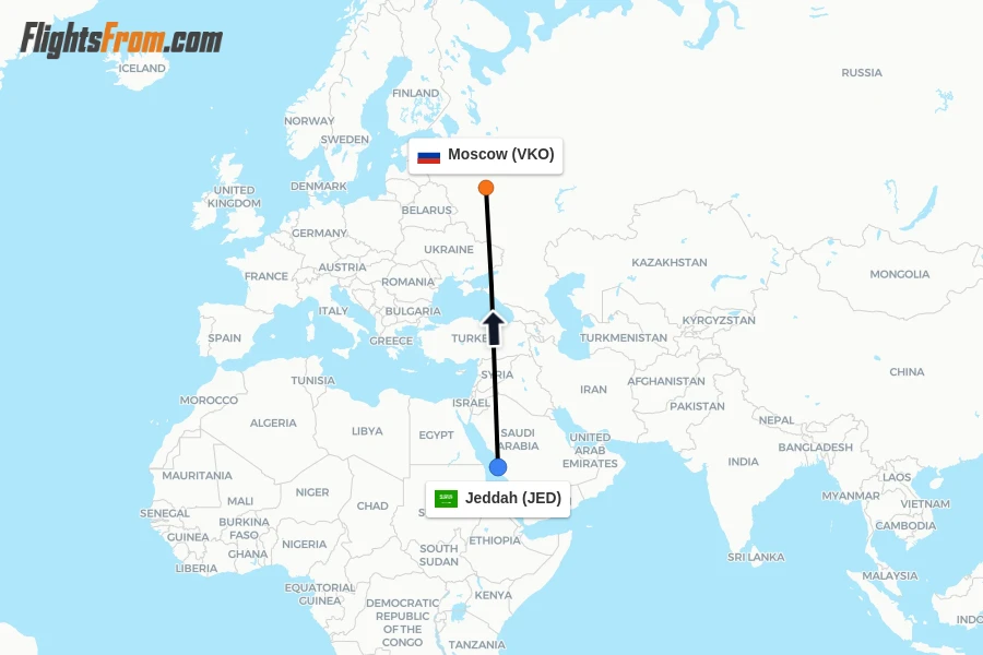 Flights from Jeddah to Moscow route map