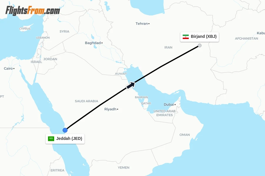 Flights from Jeddah to Birjand route map