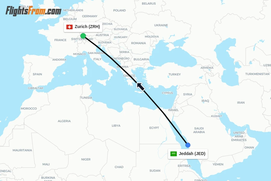 Flights from Jeddah to Zurich route map