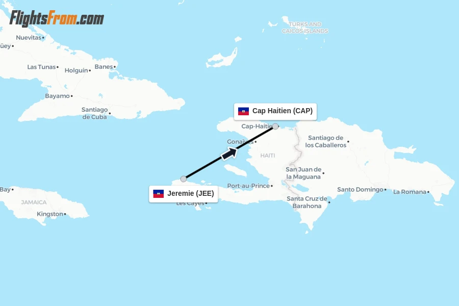 Flights from Jeremie to Cap Haitien route map