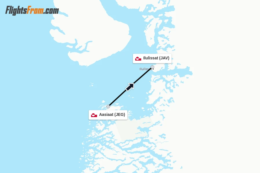 Flights from Aasiaat to Ilulissat route map
