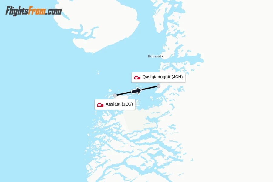 Flights from Aasiaat to Qasigiannguit route map