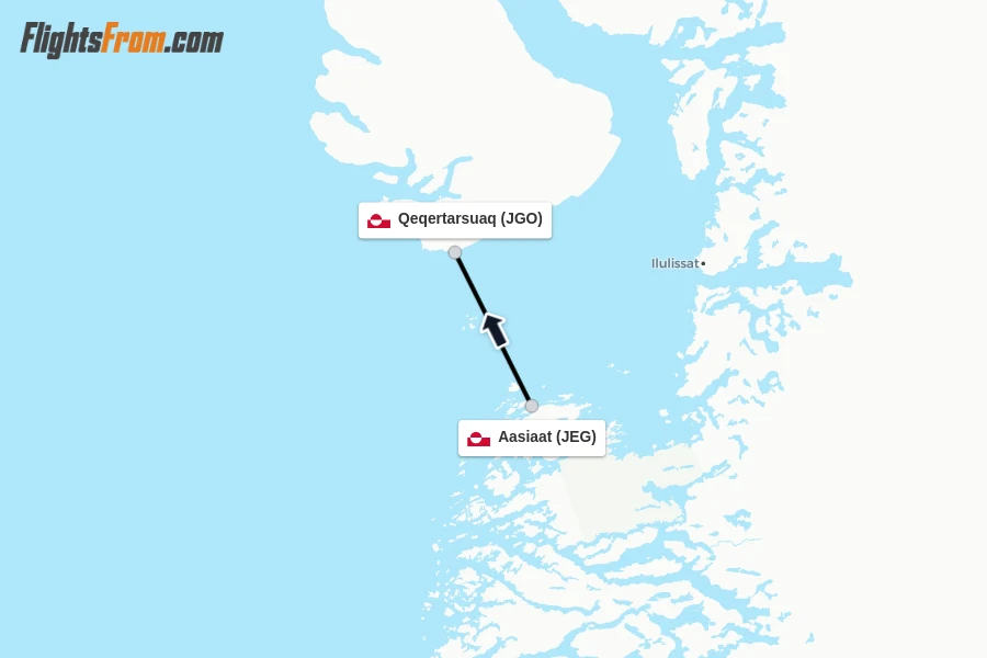 Flights from Aasiaat to Qeqertarsuaq route map