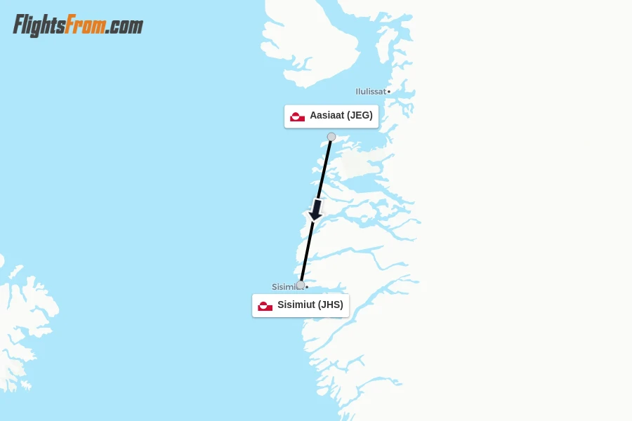 Flights from Aasiaat to Sisimiut route map