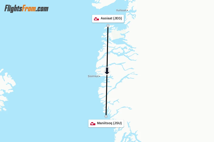 Flights from Aasiaat to Maniitsoq route map