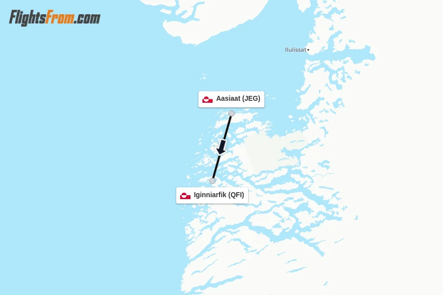 Flights from Aasiaat to Iginniarfik route map