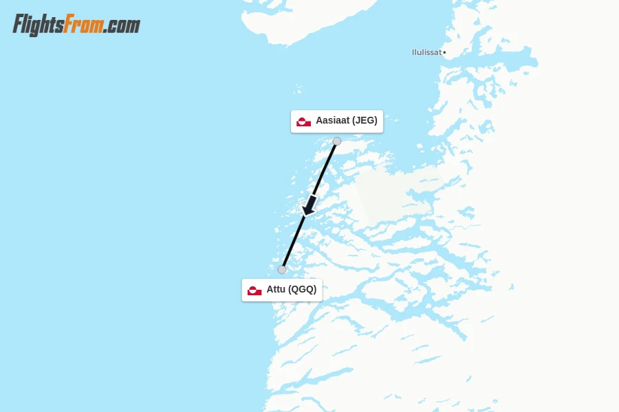 Flights from Aasiaat to Attu route map