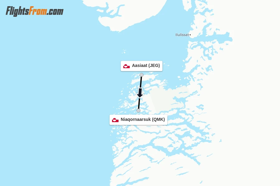 Flights from Aasiaat to Niaqornaarsuk route map