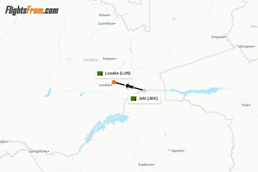 Flights from Jeki to Lusaka route map