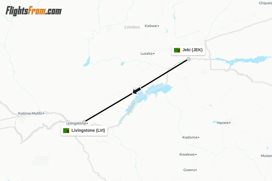 Flights from Jeki to Livingstone route map
