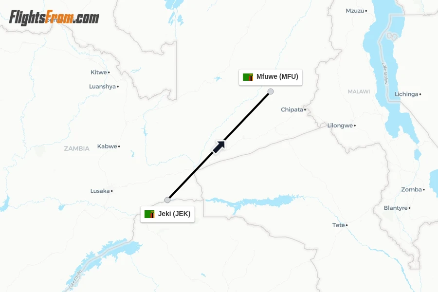 Flights from Jeki to Mfuwe route map