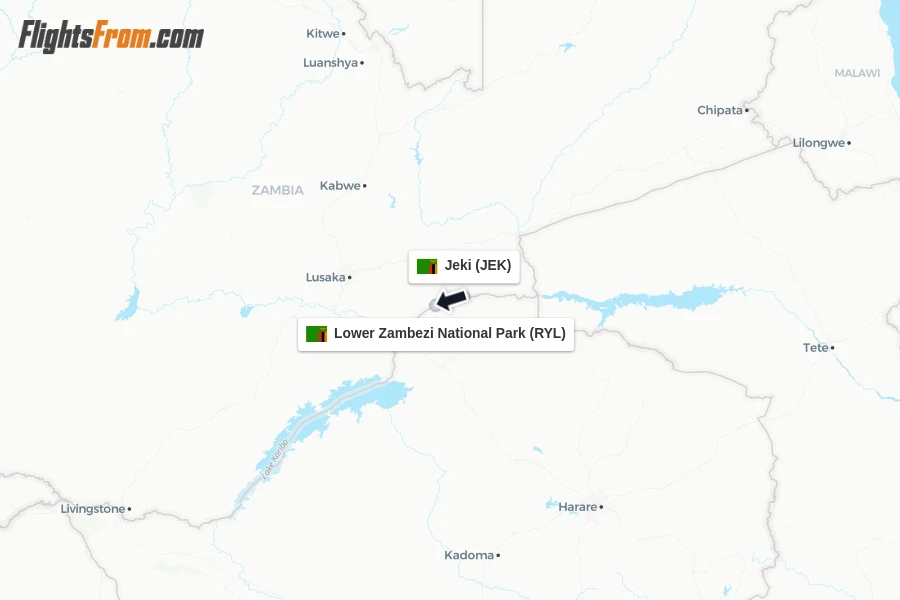 Flights from Jeki to Lower Zambezi National Park route map