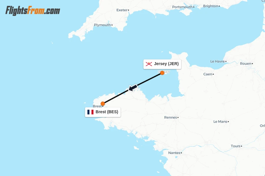 Flights from Jersey to Brest route map