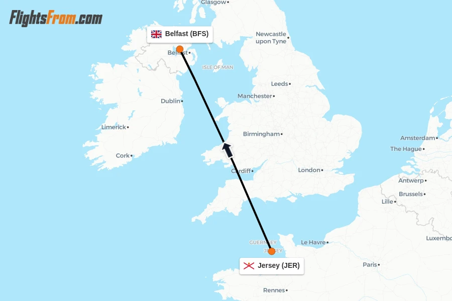 Flights from Jersey to Belfast route map