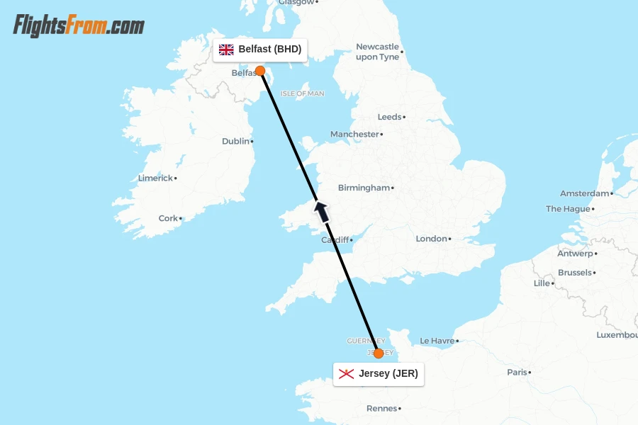 Flights from Jersey to Belfast route map