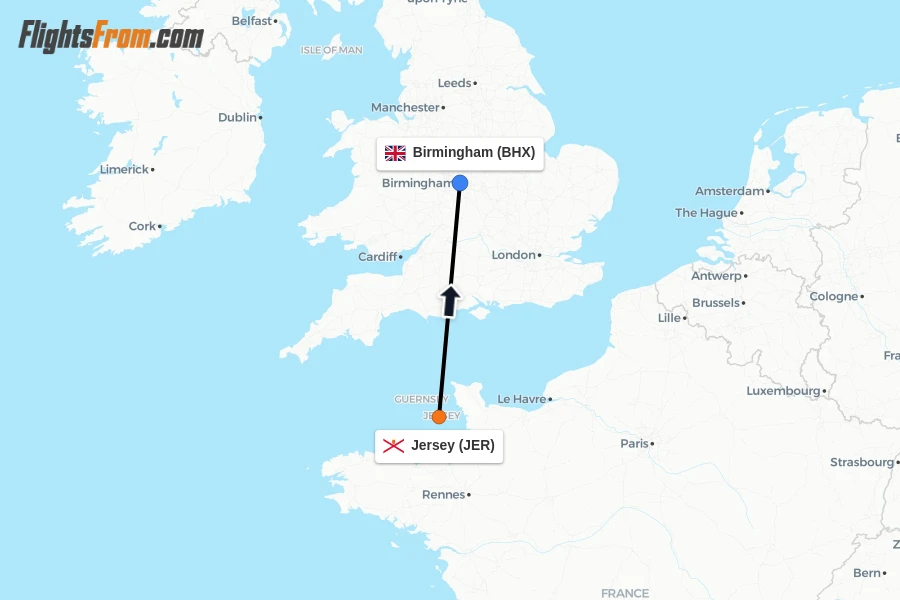 Flights from Jersey to Birmingham route map