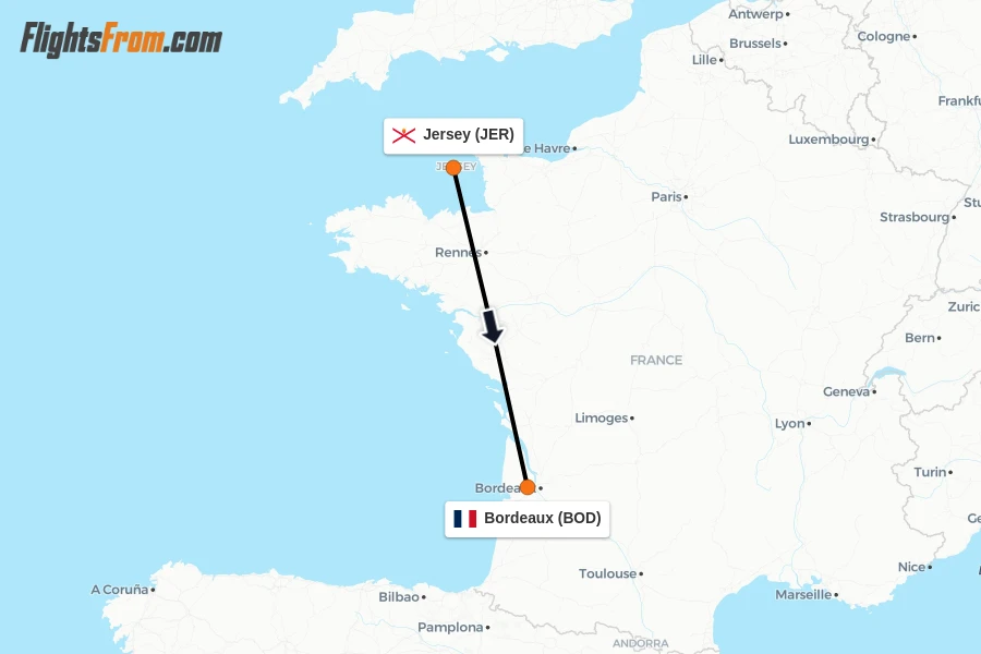 Flights from Jersey to Bordeaux route map