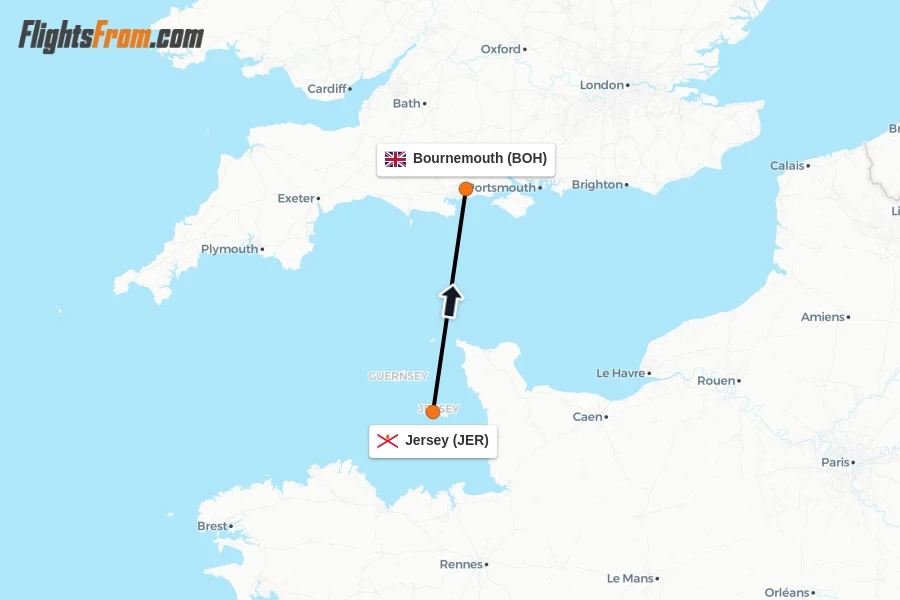 Flights from Jersey to Bournemouth route map