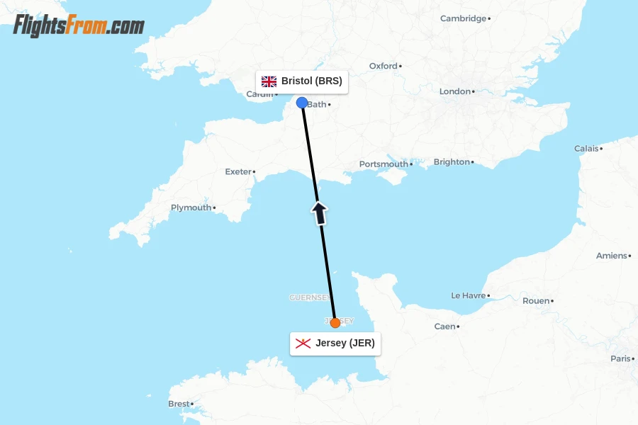 Flights from Jersey to Bristol route map