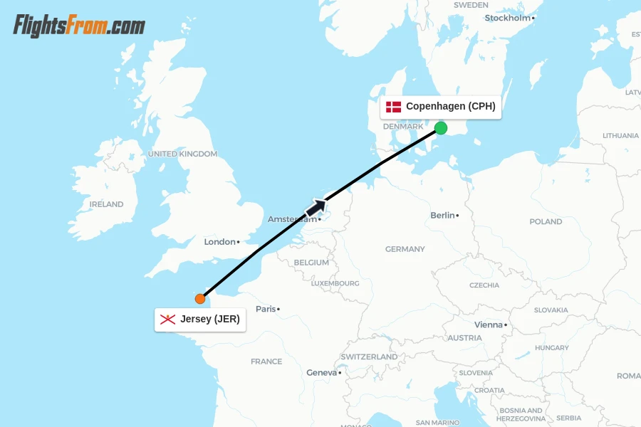 Flights from Jersey to Copenhagen route map