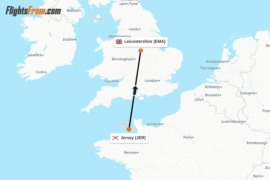 Flights from Jersey to Leicestershire route map