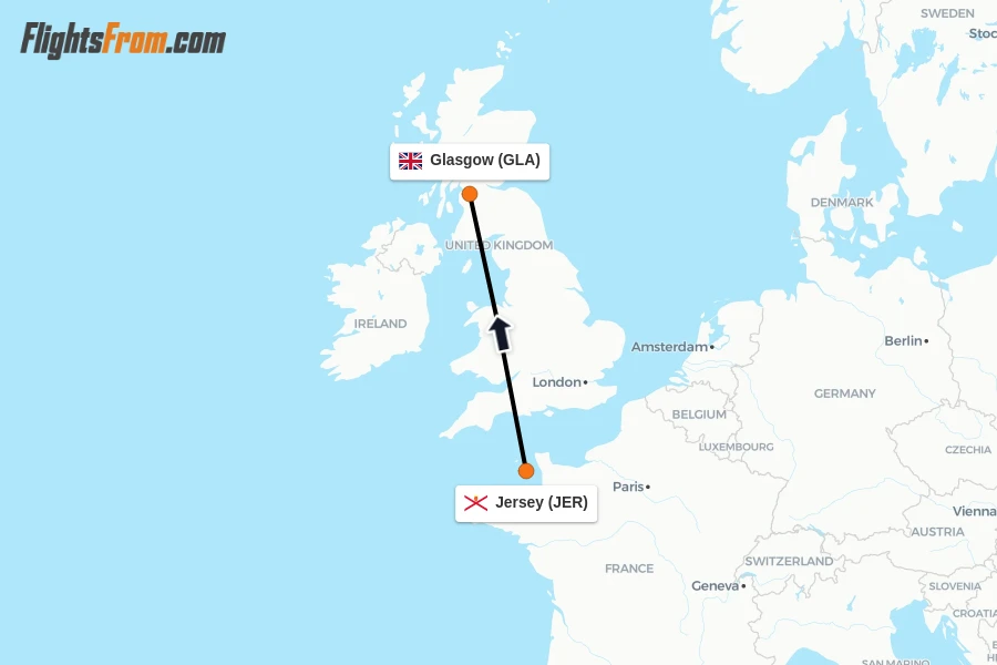 Flights from Jersey to Glasgow route map