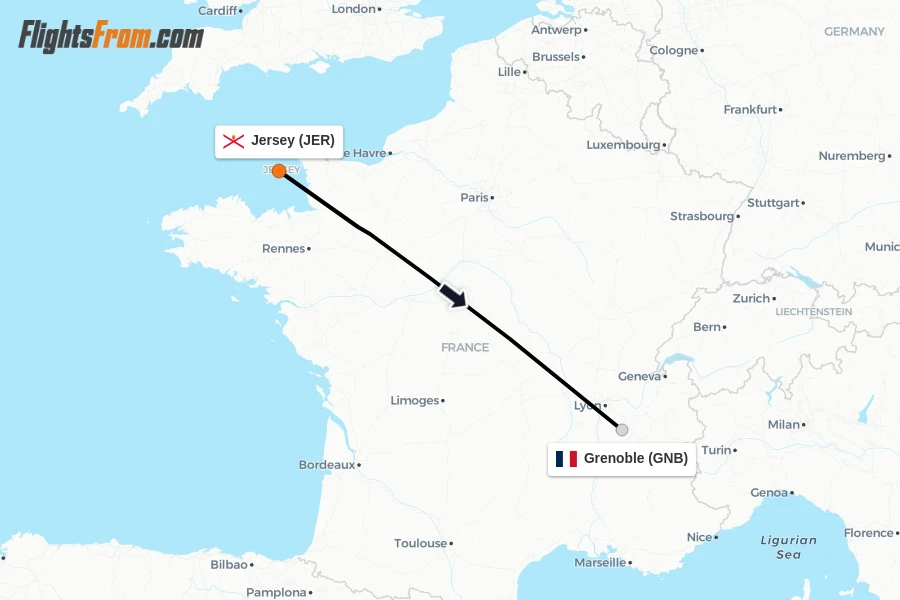 Flights from Jersey to Grenoble route map