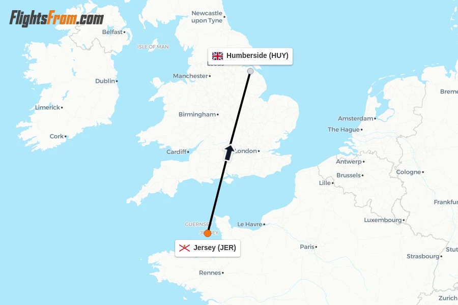 Flights from Jersey to Humberside route map