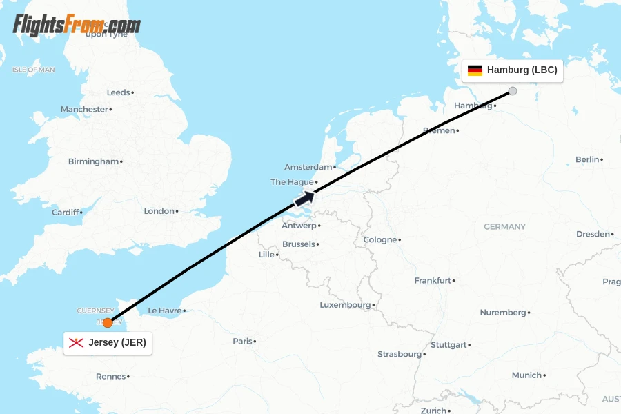 Flights from Jersey to Hamburg route map